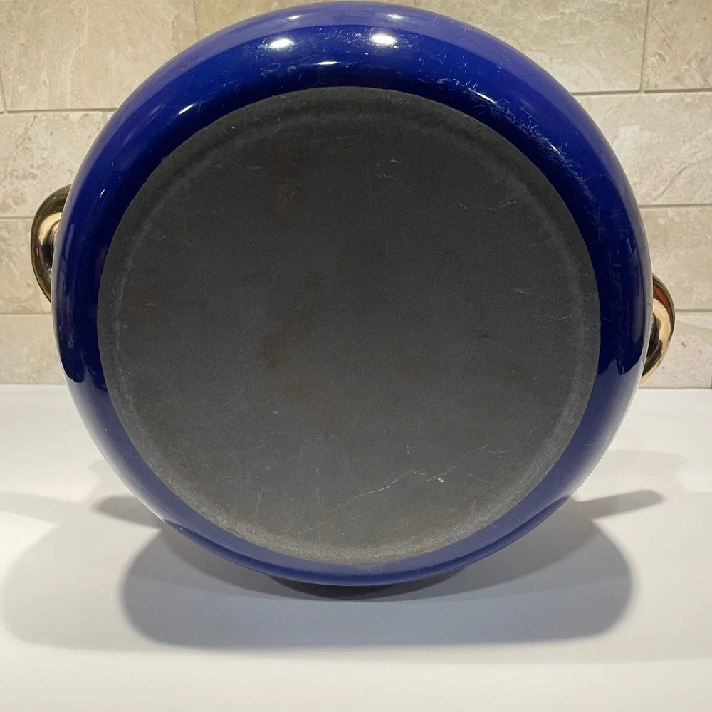 Vintage Cobalt Blue Enamel Stock Pot Gold Handles‎ Dutch Oven with Lid 10 Inch